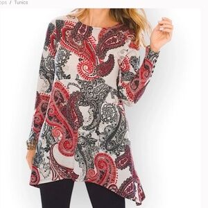 Chico's Long Sleeve Tunic Knit Top 3 (XL) Lagenlook Pockets Hi-Low Artsy Swing